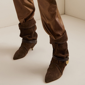 Flock Piled Pleated <b>Ankle</b> Boots Low Spike Heels Dress Stiletto Women Sewing Thread Shoes Retro Styles Pointy Toe Short <b>Booties</b> - Product Image 6