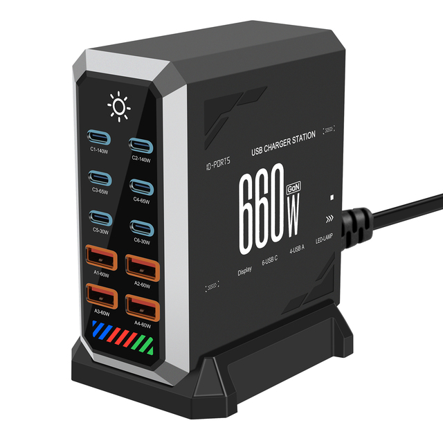 660W GaN Charger PPS PD 100W USB Type C 6-Port Digital Display Desktop Fast Charging Station for MacBook iPhone Samsung
