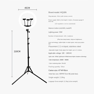 Support de diffusion en direct pliable HQ18 de 18 pouces, 55W, 110-220V, avec anneau lumineux LED pour embellissement de la peau et éclairage photographique pour selfies - Product Image 3