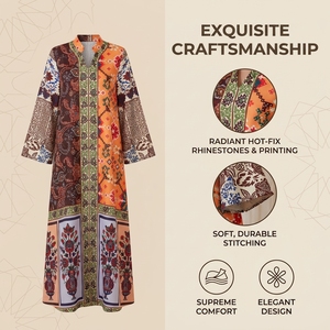 Boutique Style Printed Polyester Abaya Ethnic <b>Patchwork</b> Floral Long Sleeve Maxi Hotfix Detail Anti-Wrinkle Resort Gathering - Product Image 5