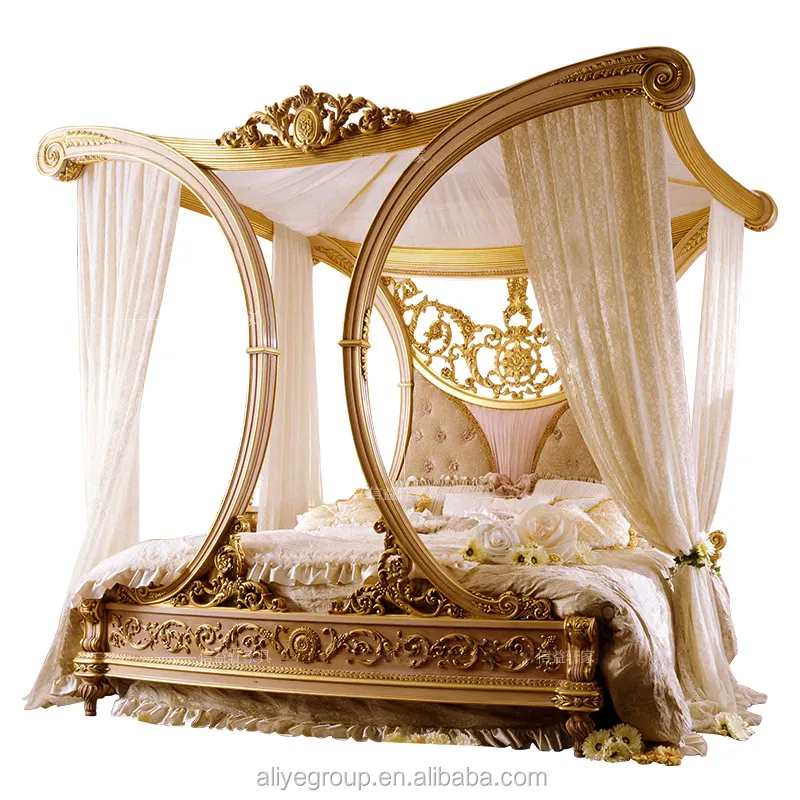 Antiquen design luxury European Style, Solid Wood frame hand carved headboard Bedroom Furniture, Classic Bedroom Set