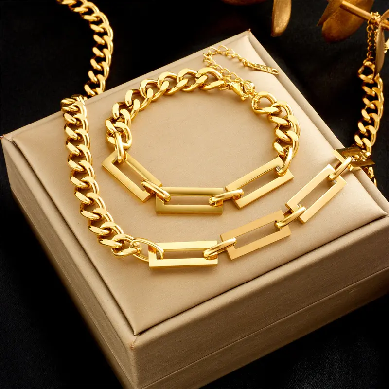 2023 New Simple Hollow 18k Gold Plated Stainless Steel Cuban Link Chain Necklace and Bracelet Jewelry Set For Women