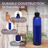 Bouteille d'huile capillaire en plastique PET de 250 ml (8 oz) en forme de balle bleue avec bouchon à vis et applicateur compressible, personnalisable avec étiquette et logo