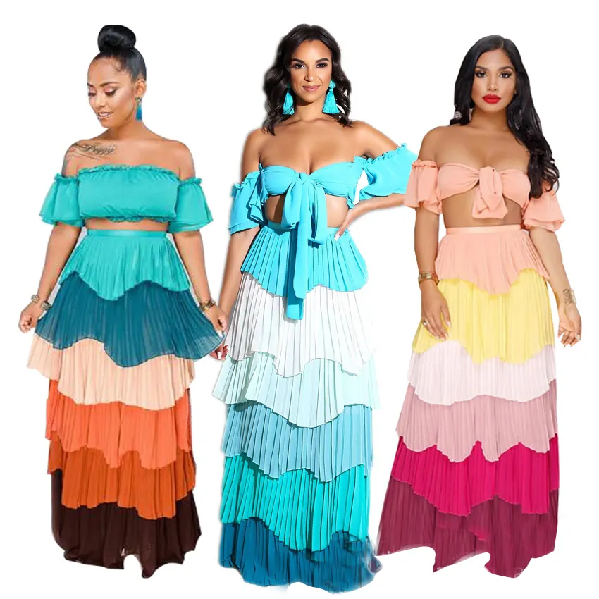 Women's Two Piece Set Clothing Dress Chiffon Summer Beach Ladies Sexy Dress Pleated Maxi Dress