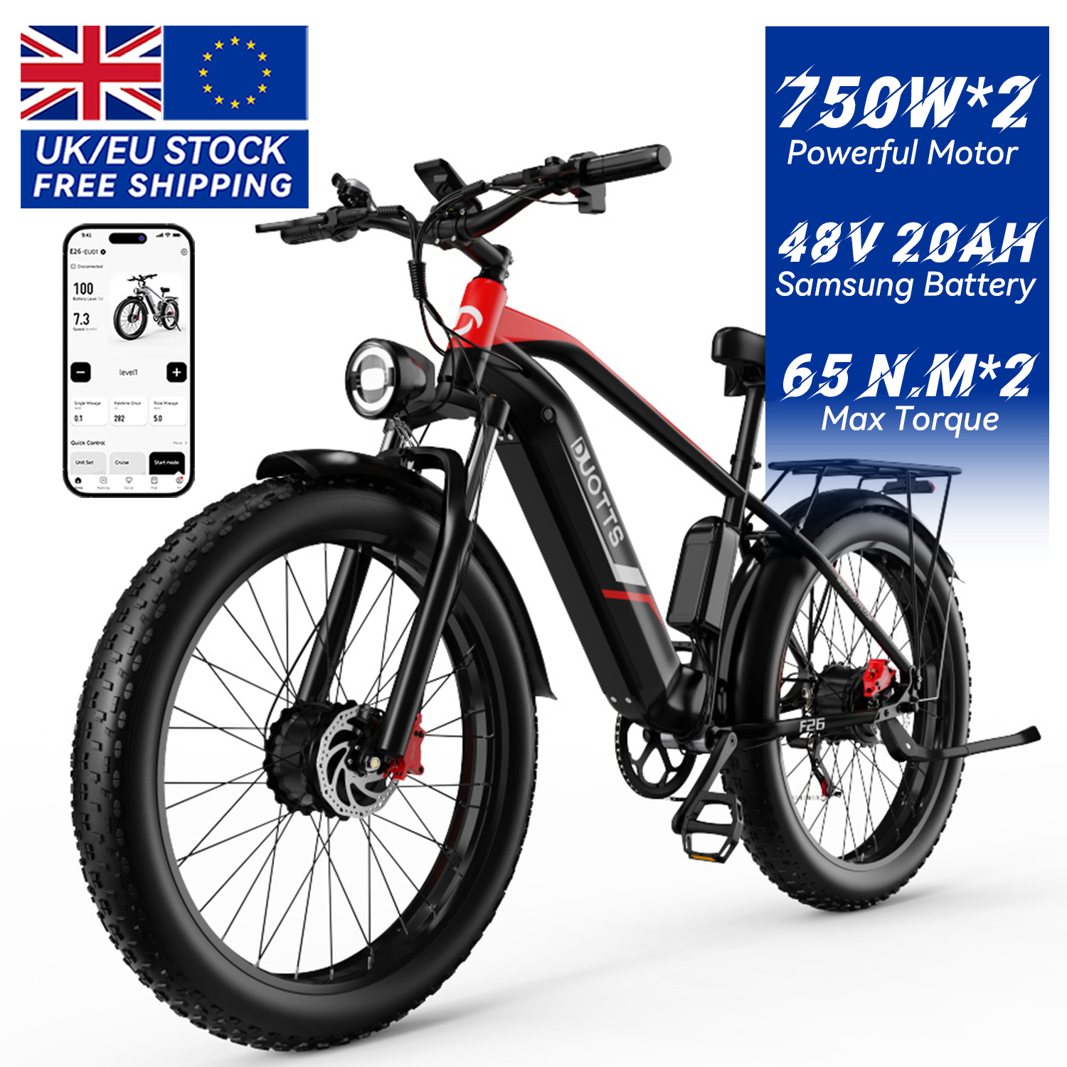 UK EU Warehouse DUOTTS F26 E Bike Electric Bicycle Mountain Ebike 48V 20AH Dual Motors 26 Inch Fat Tire Electric Bike for Adults