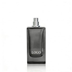 Flacon de parfum en verre ambré et gris personnalisé avec logo, pour homme, 30 ml, 50 ml, 100 ml, avec vaporisateur à pompe, bouchon noir et bordure dorée - Product Image 2