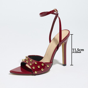 Sandales à talons aiguilles Xuanhui, nouvelle collection été, sexy, à bout pointu, avec clous dorés, bride à la cheville, en cuir verni, talon de 11,5 cm, pour femmes - Product Image 4