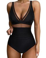 Zwempak met doorschijnende mesh inzet, bandeau, kruisbandjes achter, hoge taille, plus size, bescheiden dekking