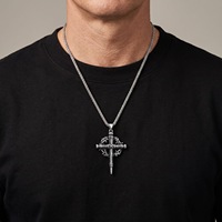 Collier vintage en acier inoxydable pour homme, style gothique religieux, inspiré du punk biker, avec pendentif personnalisé Épée, Croix, Épines, Antique