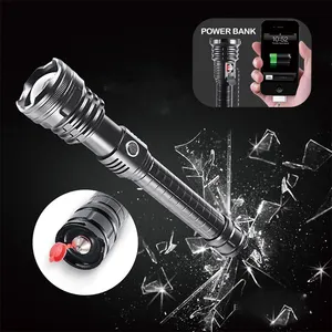 High Power Self Defence Aluminum USB Rechargeable Powerbank Tactical Torch Light Xhp90 Led Flashlight With Tail Hammer