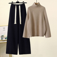 Ensemble en cachemire pour femmes, pull en cachemire à col roulé à manches longues pour l'automne, pantalon ample en cachemire