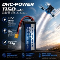 Batterie LiPo haute performance DHC-POWER 22,2V 6S 1150mAh 120C, 189g, 500 cycles, pour drones de course FPV et freestyle
