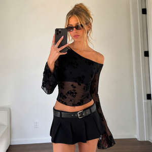<b>Women</b>‘s One Shoulder <b>Mesh</b> Flocked <b>Top</b>, Asymmetric Sheer Fitted Crop Blouse with Velvet Flocking, Sexy Streetwear Clubwear - Product Image 3