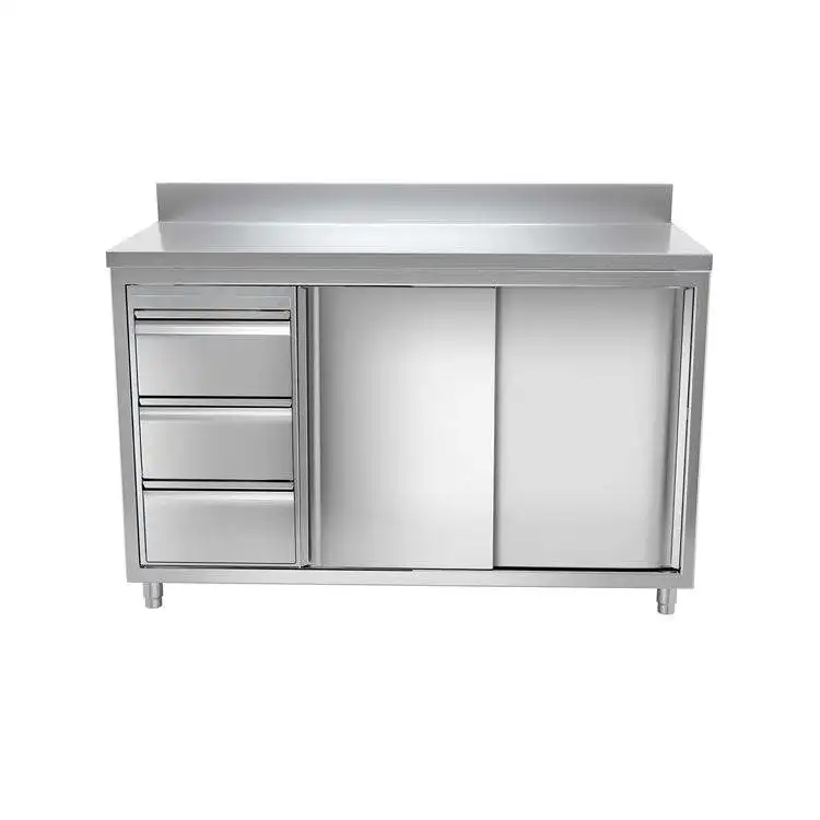 Restoran paslanmaz çelik büfe mutfak çalışma masası tezgah dolabı 3 çekmeceli ve endüstriyel ekipman için sürgülü kapı