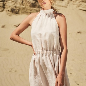 Vestido Midi de Lino de Verano de Alta Calidad para Mujer al por Mayor, con Cuello Halter, Cintura Ajustable y Abertura, Elegante y sin Mangas - Product Image 5