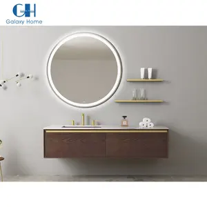 Popular Style Walnut Ti-Gold Wall Mounted Single Basin Washroom Cabinet With Round Mirror