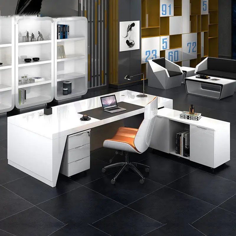 Design moderno scrivania e sedia per ufficio bianco e arancione colore lucido Manager ufficio tavolo