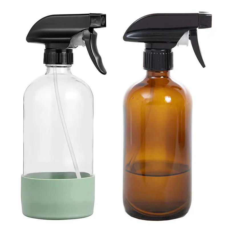 500ml 16oz Empty Boston Round Clear Amber Room Glass Spray Bottle with Trigger Sprayer and Silicone Sleeve for Cleaning