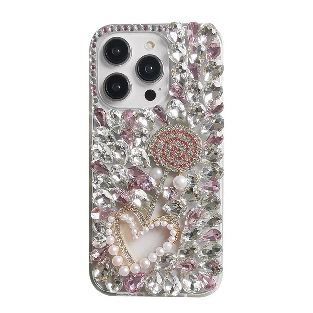 Luxury TPU Shockproof Rhinestone Lollipop Love Heart Pink Diamond Mobile Phone Case with Lanyard for 17 Pro