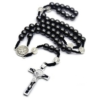 Chapelet à cordon en hématite de 8mm, chapelet tissé noir, collier de croix religieux, chapelet gothique