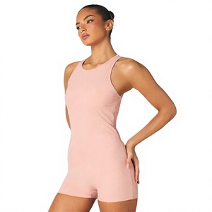 Combinaison-short gainante moulante rose unie sans manches à col rond taille haute pour femme - Product Image 1