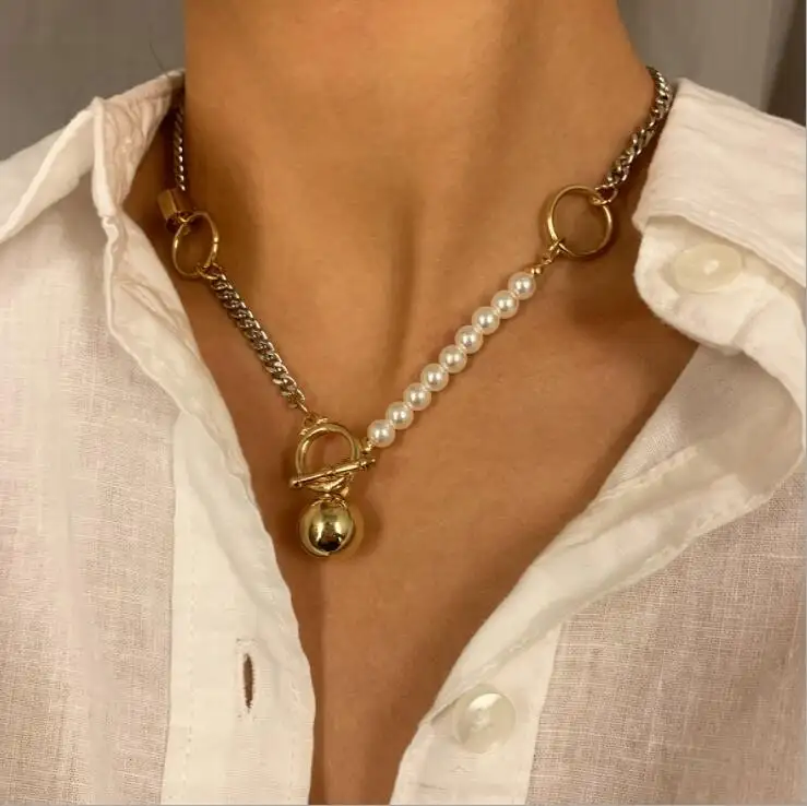 Vintage Imitation Pearl Thin Curb Link Choker Necklace Punk Small Ball Toggle Clasp Lasso Pendant Necklace for Women Jewelry