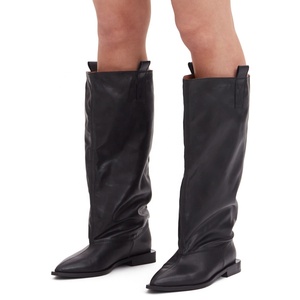 Size 44 Loose Upper Shoes Leather Flat Heels Pointed Toe Slouchy Long <b>Boots</b> Women's Wide Fit Knee High Booties - Product Image 1