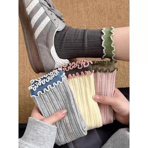 Mid Calf <b>Socks</b> Women Ruffle Trim <b>Breathable</b> Polyester Cotton Daily Use Spring Autumn Summer Casual Style - Product Image 1