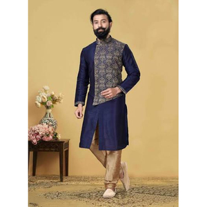 Ensemble Kurta Pyjama Bleu Marine avec Gilet Brocart Doré à Motif Texturé – Tenue Traditionnelle Indienne pour Mariage et Cérémonies Festives - Product Image 1
