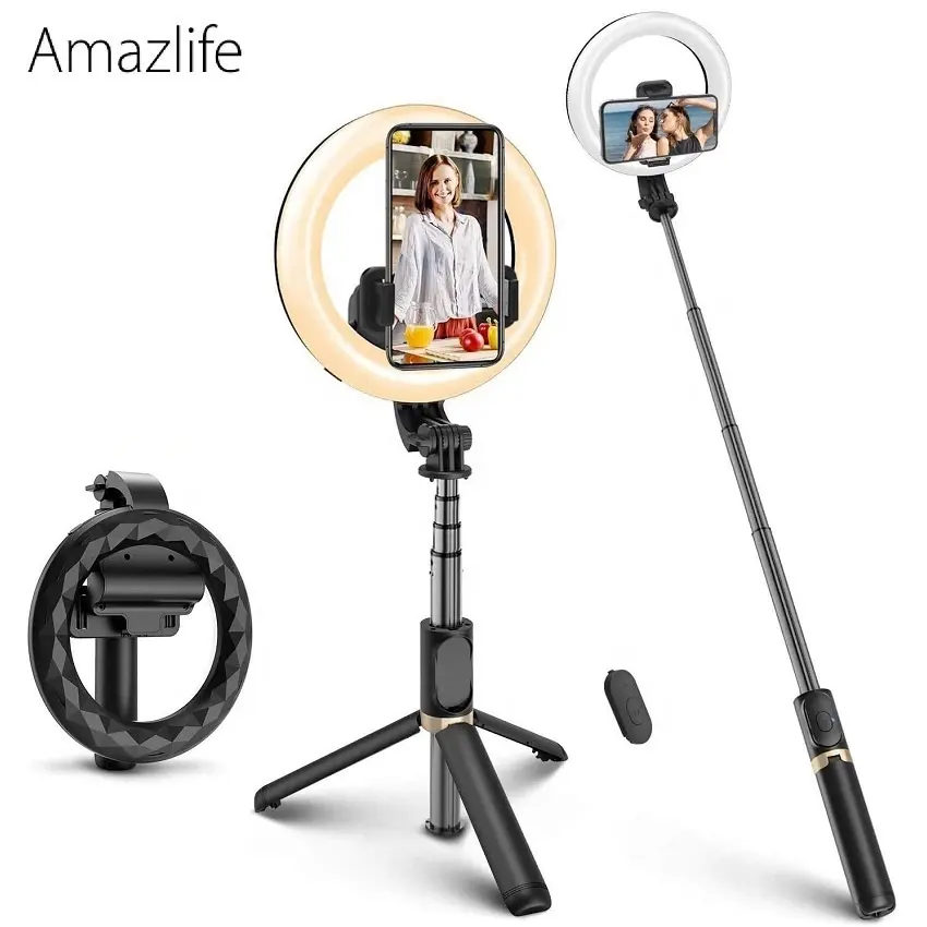 Amazlife Q07 Lampu Cincin Selfie LED Kecil, Ponsel Tik Tok, Lampu Cincin Swafoto dengan Dudukan Tripod