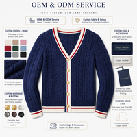 Kardigan Rajut Kabel Biru Dongker Preppy Logo Kustom OEM, Sweater V-Neck Bergaris Rib Knit Kancing Crest Kasual untuk Wanita
