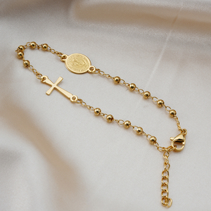 Nuovo <span class=keywords><strong>Bracciale</strong></span> <span class=keywords><strong>Rosario</strong></span> Religioso Cristiano con Ciondolo a Croce e Vergine Maria in Acciaio Inossidabile Placcato Oro - Product Image 2