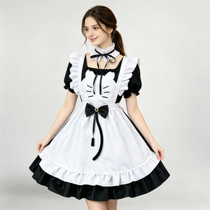 Vestido Preto e Branco para Mulheres, Estilo Boneca, Doce Lolita OP, Fantasia de Empregada com Avental com Babados, Cosplay de Anime, Fantasia Chique para Role Play - Product Image 1