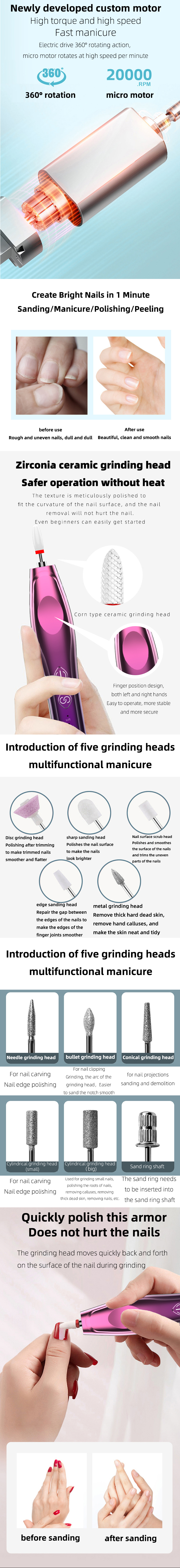 Electric Easy to replace the grinding head cordless Manicure Pedicure Grinding Polishing Gel nail drill Machine pen Tools
