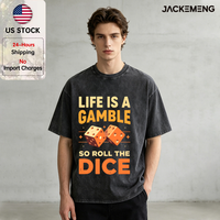 T-shirt en coton oversize délavé avec imprimé dés 'Life Is a Gamble', style streetwear rétro, décontracté pour le quotidien, vente en gros depuis l'entrepôt américain