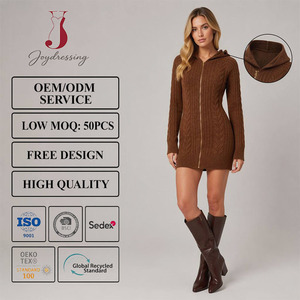 Joydressing Abito Mini <span class=keywords><strong>in</strong></span> <span class=keywords><strong>Maglia</strong></span> a Trecce <span class=keywords><strong>Marrone</strong></span> a Maniche Lunghe con Cappuccio e Zip, <span class=keywords><strong>Vestito</strong></span> Aderente da Donna, Produttore all'Ingrosso - Product Image 1