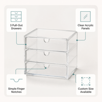 Boîte de présentation personnalisée en acrylique transparent à 3 tiroirs, organisateur de bijoux, étui de rangement pour objets de collection, avec encoche pour doigt, impression UV, logo OEM, vente au détail