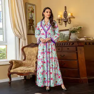 Groothandel Dubai Turkse Mode Bloemenlente Abaya Saudi Marokkaanse Vrouwen Kaftan Lange Mouw V-Hals Elegante Afrikaanse Jurk 2024