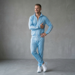 Conjunto deportivo azul cielo para hombre, chaqueta con cremallera, pantalones jogger, ropa deportiva transpirable, logotipo personalizado, ropa de entrenamiento - Product Image 1