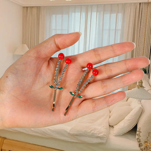 Pinza para el pelo de cereza con diamantes de imitación de 10 cm, pinza de punta para uso diario, accesorio para el cabello - Product Image 3