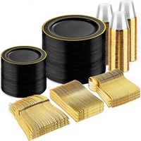 Ensemble de vaisselle jetable en plastique noir avec bord doré, 175 pièces, assiettes, gobelets, couverts, sans BPA, recyclable, pour mariage, fête