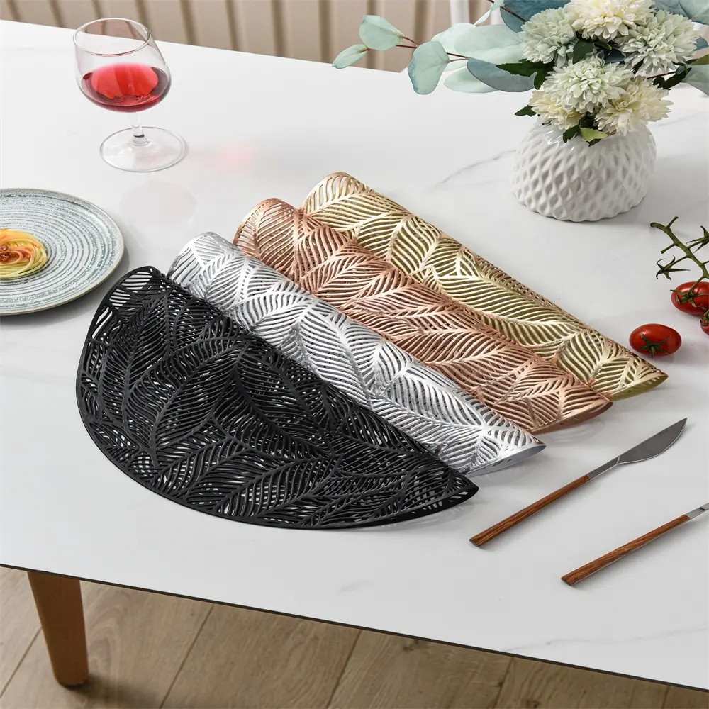 Nordic Moroccan Glitter Round Placemats Leaf Gold Black Table PVC Leave Place Mat