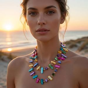 Collier long à double tour pour femme, style vintage, personnalisable, avec perles de verre en cristal et coquillages irréguliers, 115-120 cm - Product Image 1