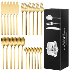 HOT Wedding Square Handle 24pcs Dinner Knife Fork Spoon Luxury Matte Gold 24 Piece Cutlery Set