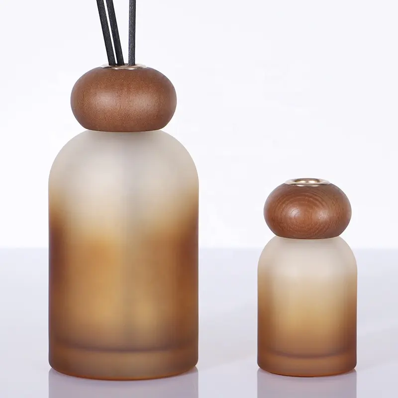 100mL 200ml 250ml 500ml difusor de color marrón degradado botella de vidrio fragancia para el hogar con tapa de madera marrón
