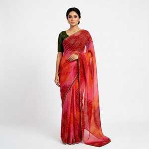 Elegante Saree Indio Bandhani |   Sari Rojo y Rosa Estampado para Mujer con Borde de Diseño para Bodas y Fiestas - En Stock - Product Image 1