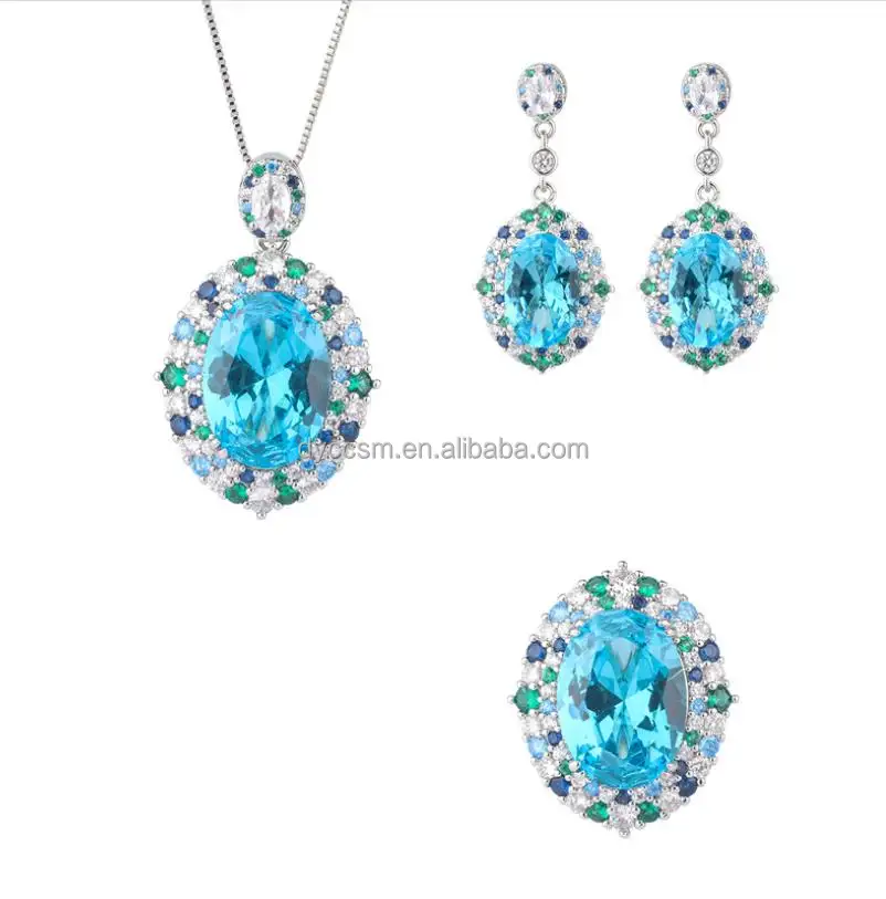 Luxury Fashion Pave CZ Zircon Flowers Jewelry Sets gift Fine blue Gemstone Necklace Earrings Petal Cubic Zircon Jewelry Set