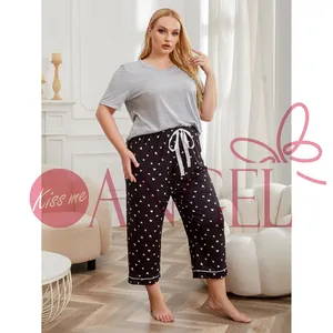 KISS ME ANGEL Female Home Wear Two-Piece Set Casual Short Sleeve Pants MM Large Size Pajamas Sizes 0XL-5XL Summer Winter Spring