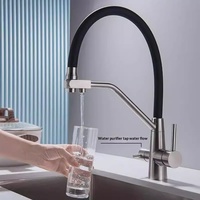 Robinet de cuisine moderne 3 voies avec sortie d'eau filtrée, en acier inoxydable SUS304, bec flexible en silicone noir, pulvérisation extractible, montage sur plan de travail