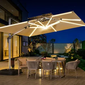 Toptan konsol şemsiye 12ft güneş şemsiyesi & baz LED ışık şemsiye veranda bahçe dış mekan mobilyası şemsiye doğa